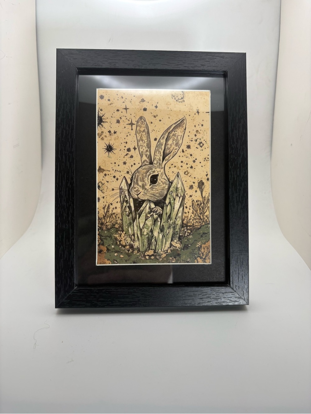 Mystical Crystal Bunny Art Print – Framed 5x7 Witchy Woodland Decor